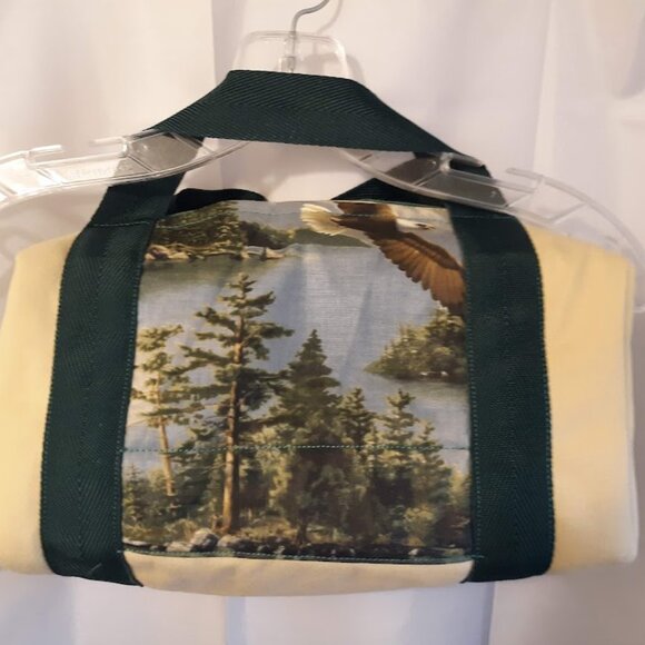 New Denim canvas Mini Duffle Tote Bag Western Eagles Mountains Tan Green arm bag - Picture 4 of 6